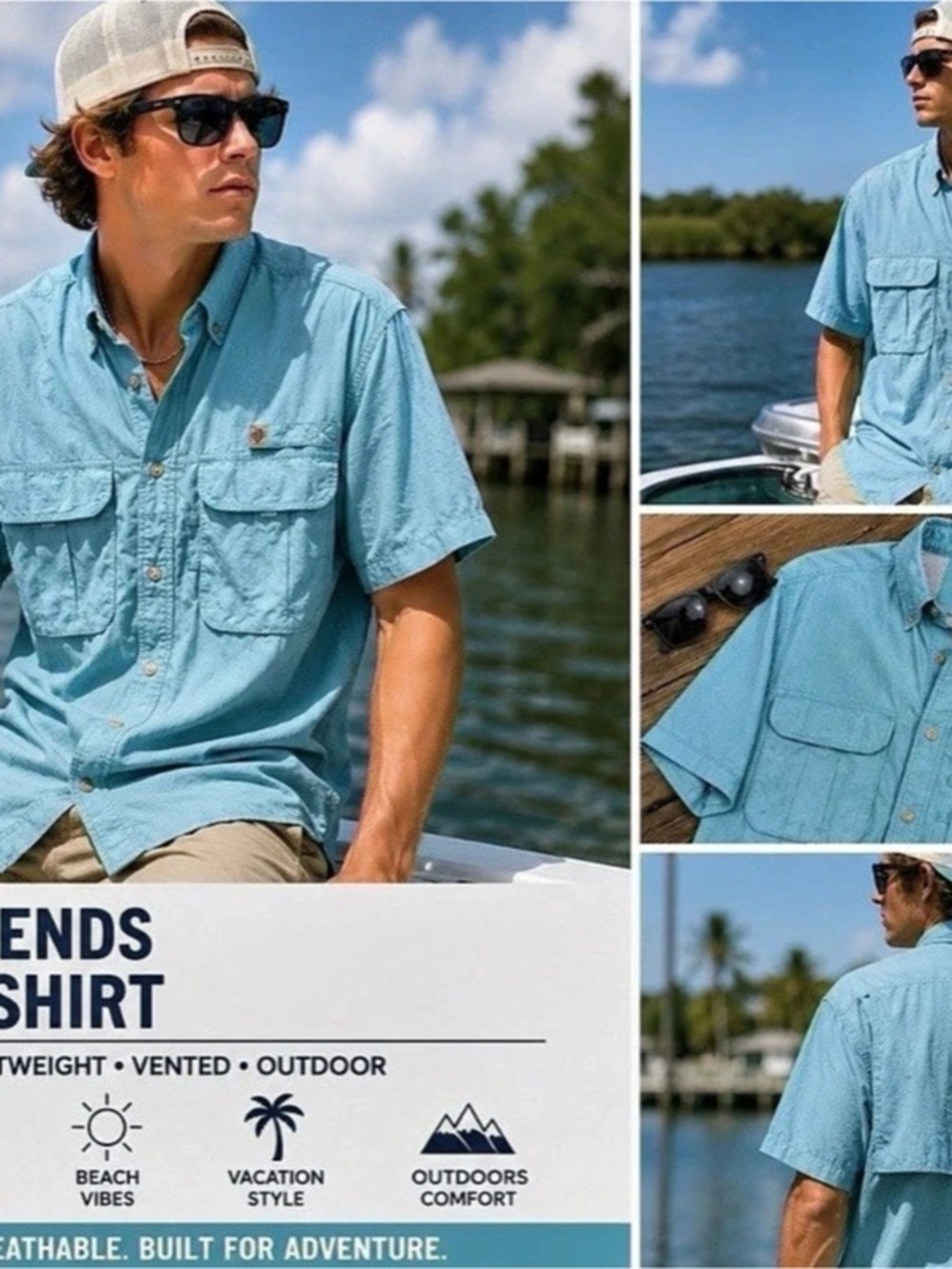 Reel Legends Fishing Shirt Men Medium Blue Vented Coastal Outdoor Beach Resort